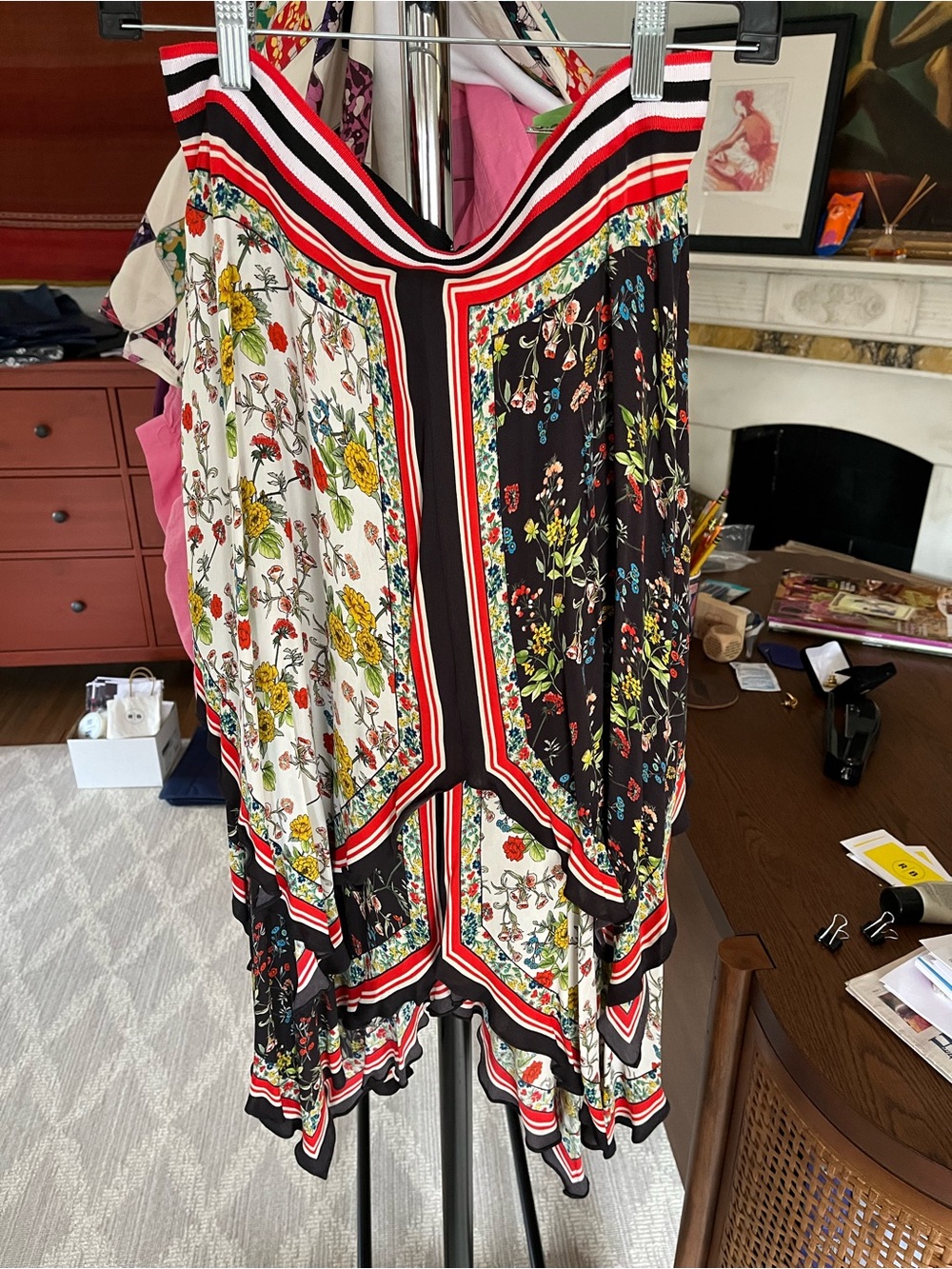 Alice + Olivia Black & White Floral Midi Skirt with Red Trim